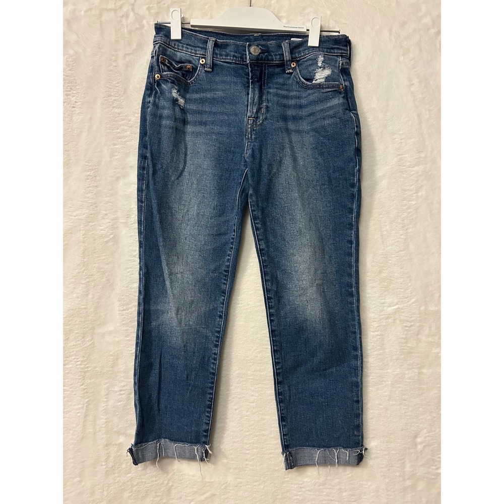 Gap Girlfriend Mid Rise Jeans Womens 25 0P Petite Distressed‎ Raw Hem Blue Denim